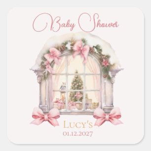 Sticker Carré Baby-Shower Noël Casse-Noisette Rose Aquarelle 