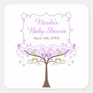 Sticker Carré Baby Shower Oiseaux Fleuris Violet et Vert