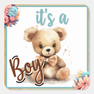 Sticker Carré Baby shower Ours Bleu Boho