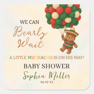Sticker Carré Baby Shower Ours en Aquarelle Fiesta Mexicaine