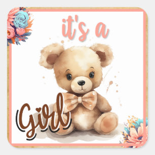 Sticker Carré Baby shower Ours rose Boho