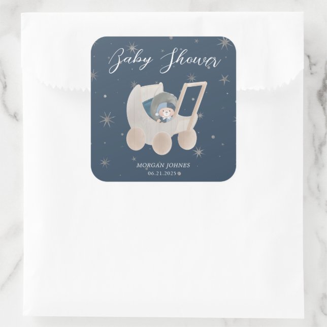 Sticker Carré Baby Shower Ourson Mignon Céleste (Sac)