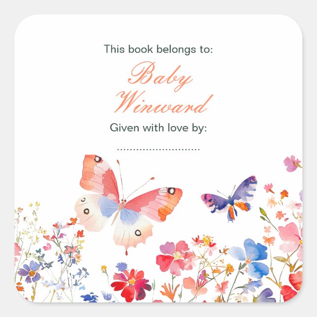 Sticker Carré Baby Shower Papillon Floral Été (Devant)