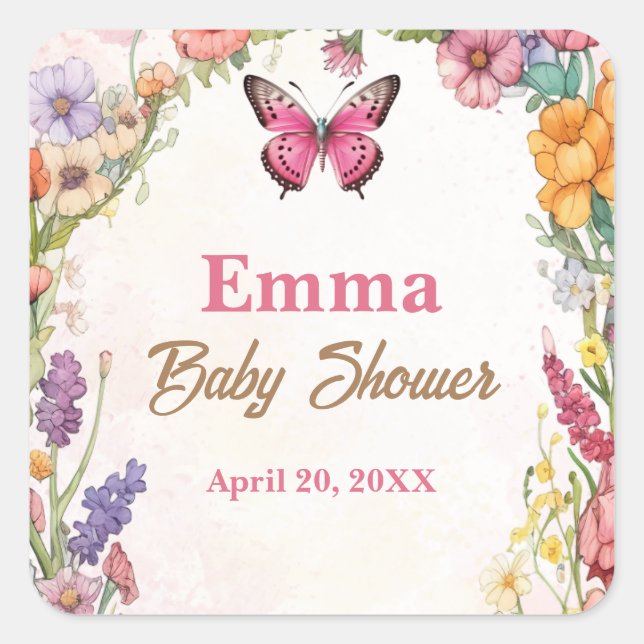 Sticker Carré Baby shower papillon rose Jardin floral (Devant)