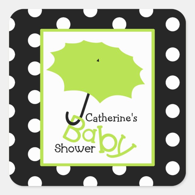 Sticker Carré Baby shower Parapluie Vert & Pois (Devant)