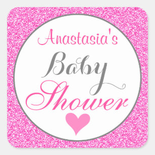 Sticker Carré Baby shower Parties scintillant rose chaud Girly &