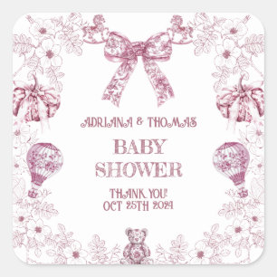 Sticker Carré Baby-Shower Pastel Rose Toile Prépa