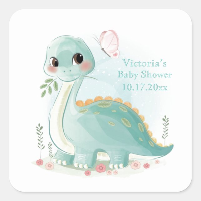 Sticker Carré Baby shower personnalisé Dinosaur (Devant)