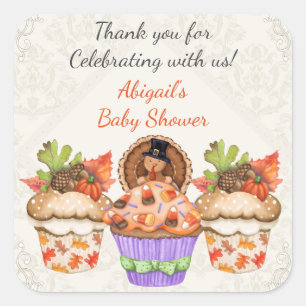 Sticker Carré Baby shower personnalisé Thanksgiving Cupcake