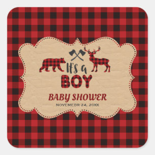 Sticker Carré Baby shower Petit Chasseur de bûcheron rouge de bû