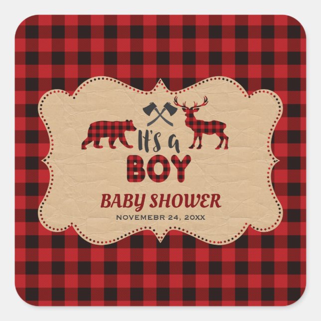 Sticker Carré Baby shower Petit Chasseur de bûcheron rouge de bû (Devant)