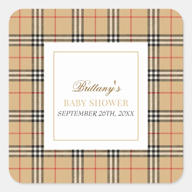 Sticker Carré Baby shower Plaid Chèque Beige (Devant)