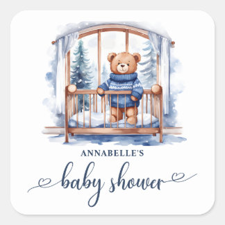 Sticker Carré Baby shower pour garçons d'hiver Teddy Bear