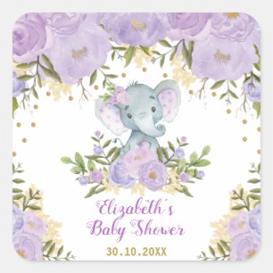 Sticker Carré Baby shower pourpre de fleur d'or d'éléphant de
