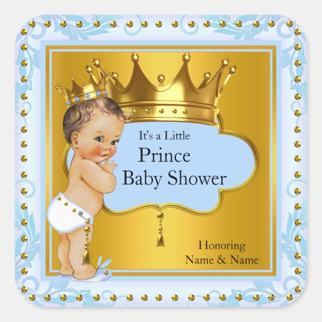 Sticker Carré Baby shower Prince Boy Blue Gold Crown Brunette (Devant)