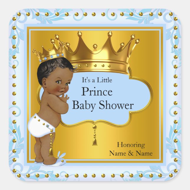 Sticker Carré Baby shower Prince Boy Blue Gold Crown Ethnic (Devant)