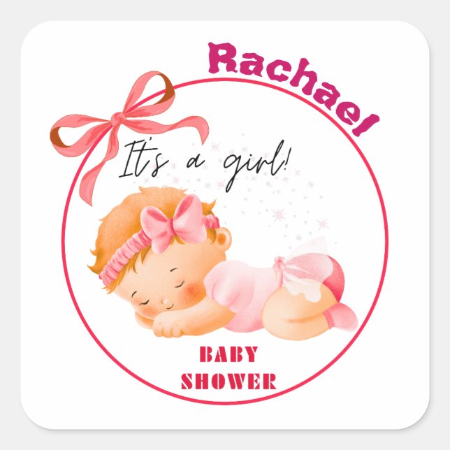 Sticker Carré Baby Shower Rose, Baby Shower Fille (Devant)