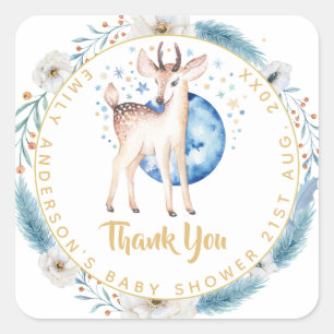 Sticker Carré Baby shower rose bleu cerf de Woodland