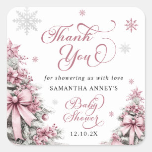 Sticker Carré Baby shower rose de Noël d'hiver Merci