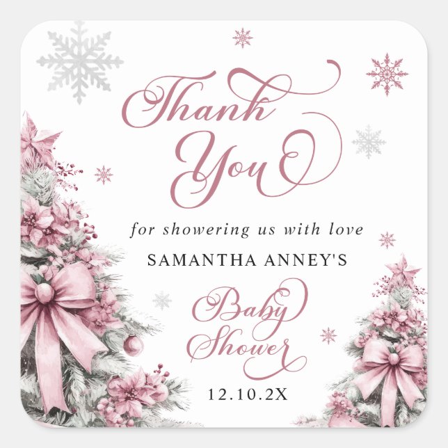 Sticker Carré Baby shower rose de Noël d'hiver Merci (Devant)