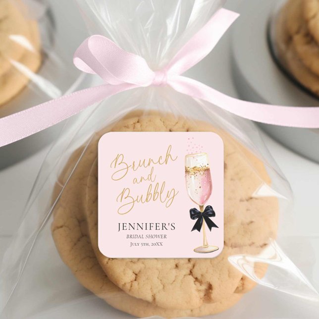 Sticker Carré Baby Shower Rose et Bubbly (Pink Bubbly Bridal Shower Sticker)