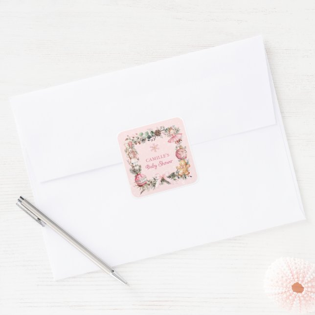 Sticker Carré Baby shower rose Fille de Noël (Enveloppe)
