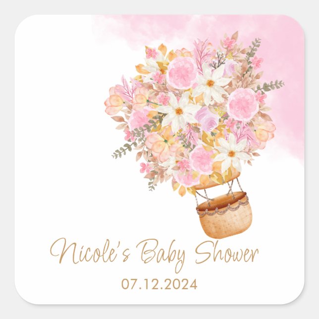 Sticker Carré Baby shower rose Floral à air chaud (Devant)