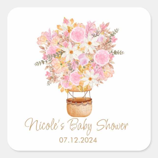 Sticker Carré Baby shower rose Floral à air chaud (Devant)