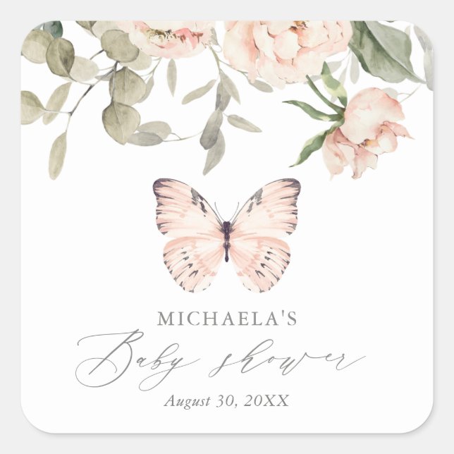 Sticker Carré Baby shower rose floral papillon fille (Devant)