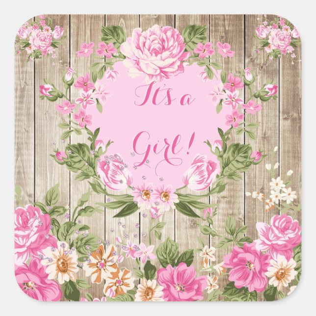 Sticker Carré Baby shower Rose Floral Rustique Bois Girl (Devant)