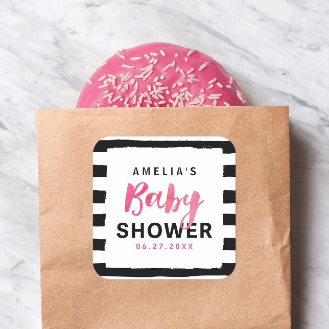 Sticker Carré Baby shower rose noir et blanc chic (Créateur téléchargé)