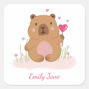 Sticker Carré Baby Shower Rose Personnalisé Capybara Mignon