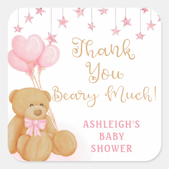 Sticker Carré Baby shower rose Teddy Ours Ballons Merci (Devant)