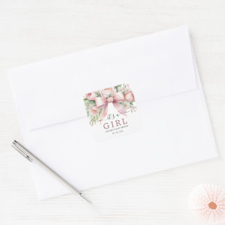 Sticker Carré Baby Shower Ruban Rose Pâle Floral Romantique