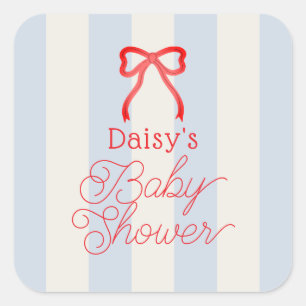 Sticker Carré Baby Shower Ruban Rouge et Rayures Bleu Clair