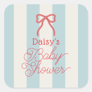Sticker Carré Baby Shower Ruban Rouge & Rayures Bleues