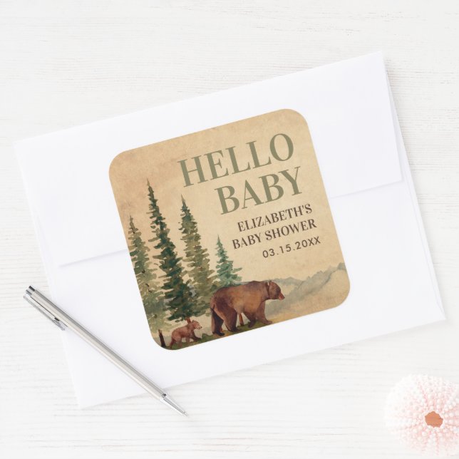 Sticker Carré Baby shower rustique Mama & Bébé Ours (Enveloppe)