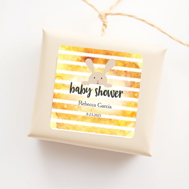 Sticker Carré Baby shower Tan Bunny Jaune Bande blanche (Créateur téléchargé)