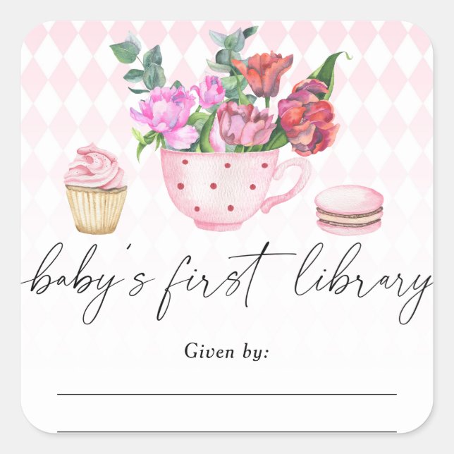 Sticker Carré Baby shower Tea Party - La première bibliothèque d (Devant)