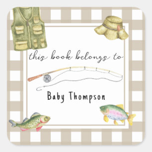 Sticker Carré Baby-Shower Thème Pêche - Ce livre appartient à