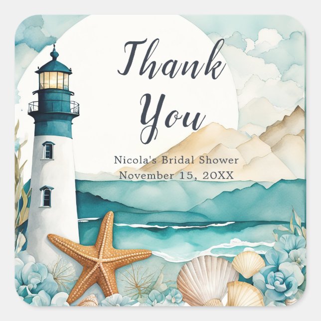 Sticker Carré Baby Shower Thème Phare Marin (Devant)