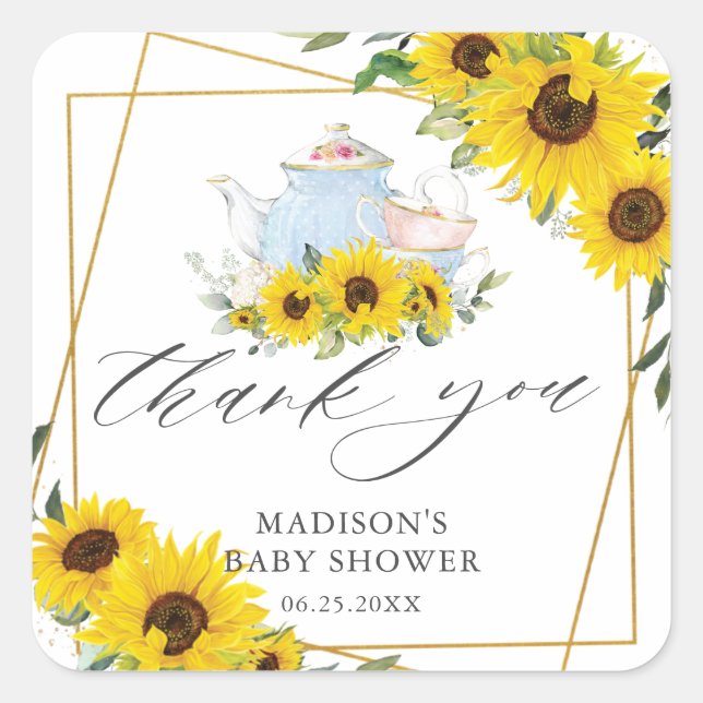 Sticker Carré Baby shower Tournesol Tea Party Merci Favoriser (Devant)