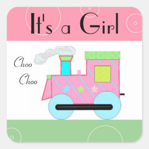 Sticker Carré Baby Shower Train à vapeur rose
