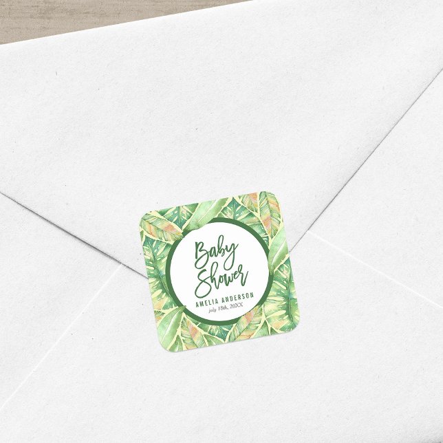 Sticker Carré Baby shower tropical Feuille vert (Créateur téléchargé)