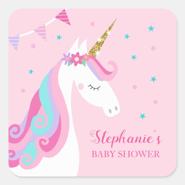 Sticker Carré Baby shower Unicorne rose (Devant)