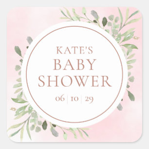 Sticker Carré Baby shower verdoyant or rose