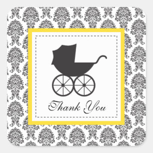 Sticker Carré Baby shower vintage Damask Baby Carriage