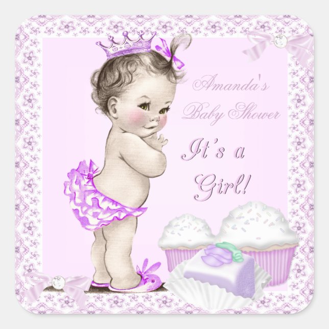 Sticker Carré Baby shower vintage fille jolie gâteaux (Devant)