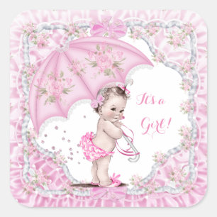 Sticker Carré Baby shower vintage Fleurs Filles Parapluie rose