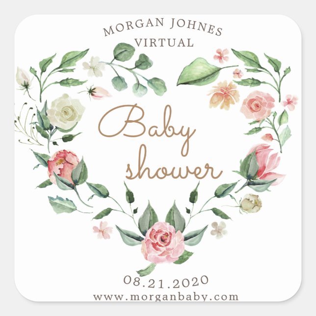 Sticker Carré baby shower virtuel de couronne de coeur fleuri (Devant)